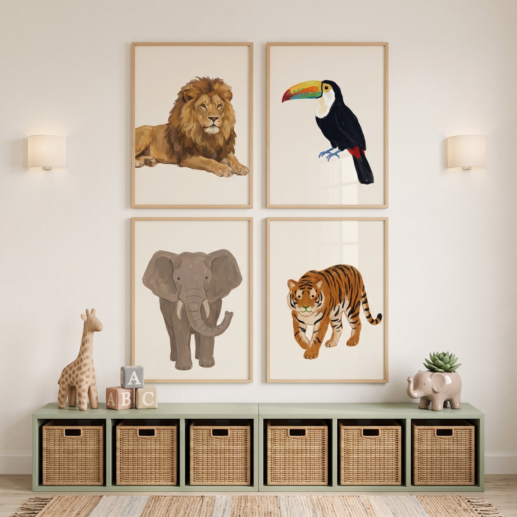 Organic Earth Tone Animals Artwork Set of 4 - Jungle Safari Friends