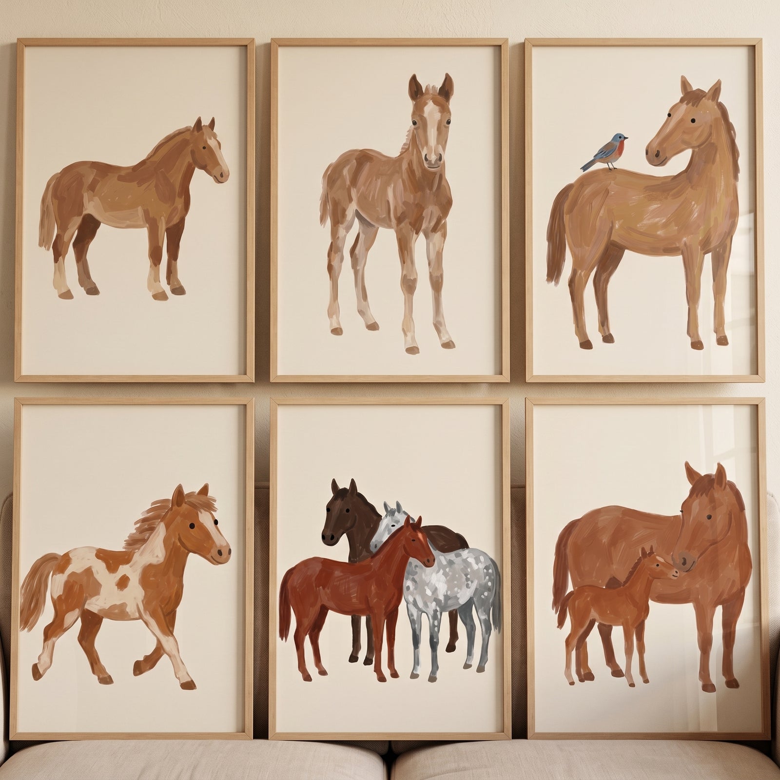 Organic earth tone horse print set of 6 featuring various horses and foals in warm neutral colors and minimalist styles.