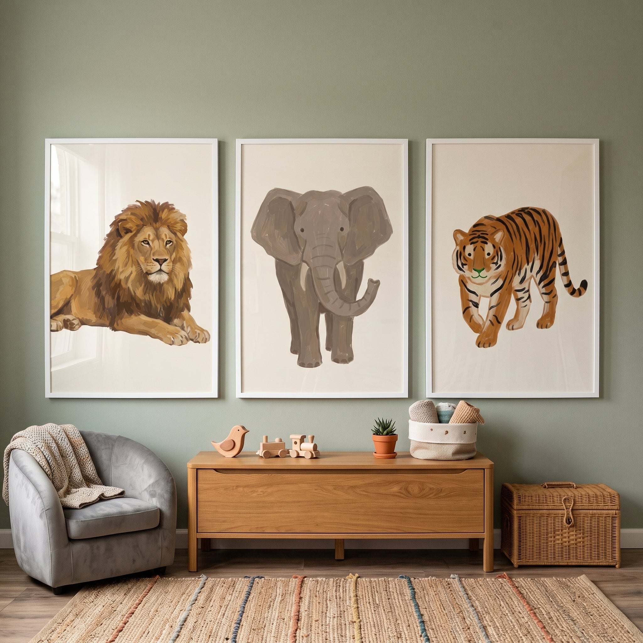 Organic Earthy Safari Animals Wall Art Set of 3 - Wild Safari Trio