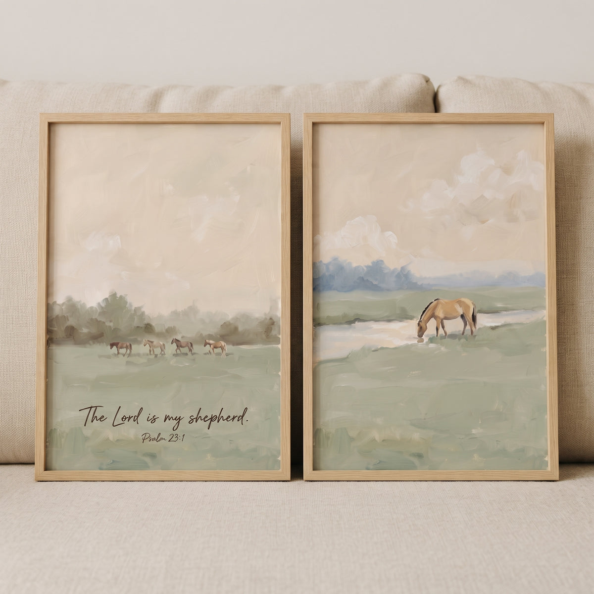 Organic Neutral Meadow Horse Wall Art Set of 2 - Faithful Shepherd View