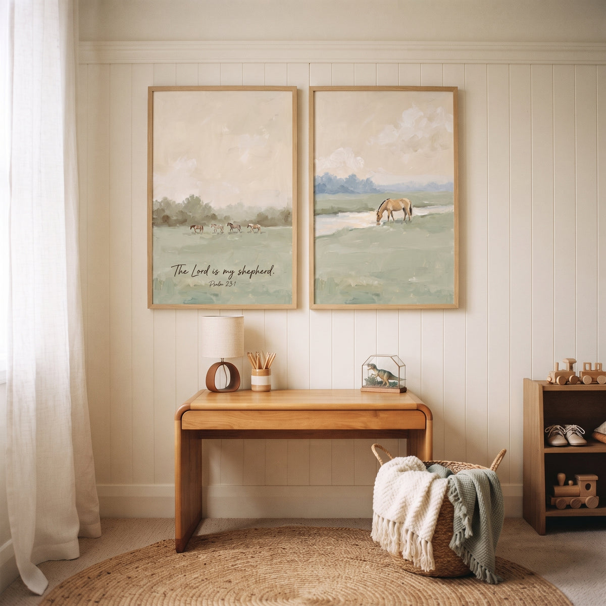 Organic Neutral Meadow Horse Wall Art Set of 2 - Faithful Shepherd View