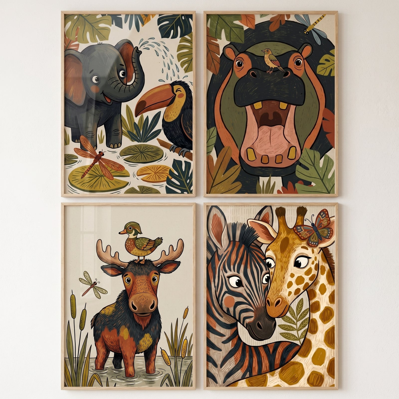 Organic texture jungle animal wall art set of 4 featuring a hippo, elephant, zebra, moose, and giraffe in an earthy style.