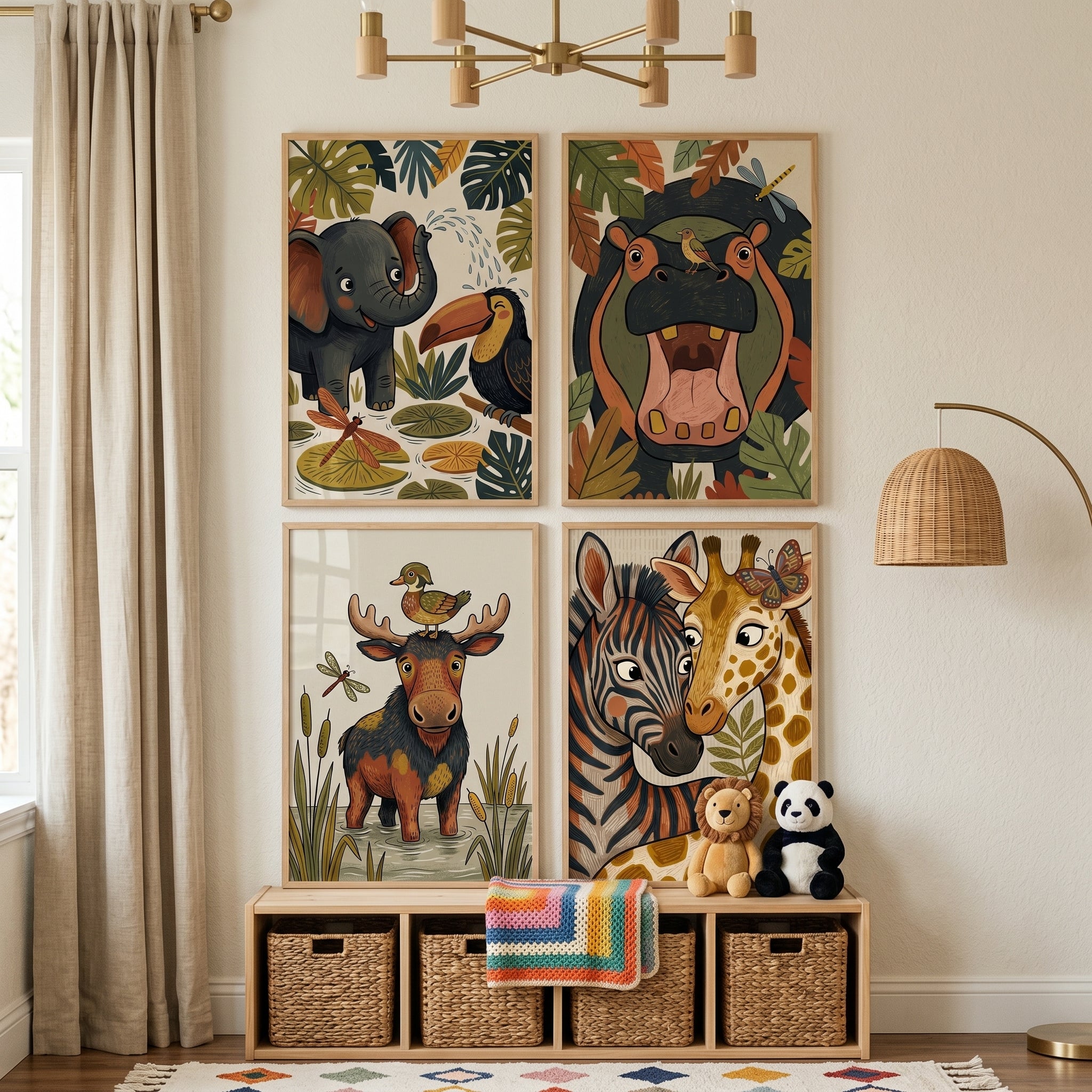 Organic Texture Jungle Animal Wall Art Set of 4 - Happy Safari Friends