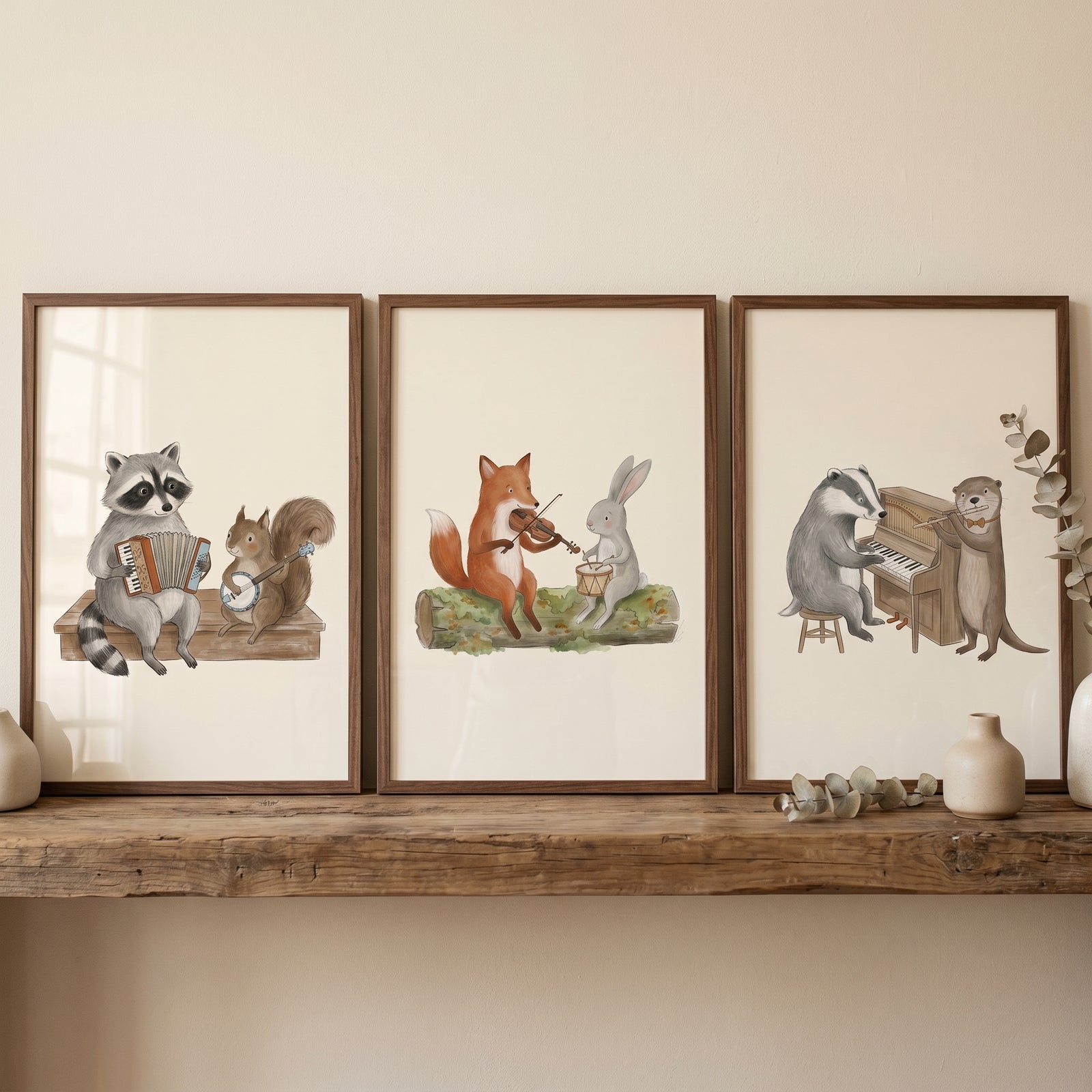 Organic tone forest animal wall art set of 3 features a raccoon, fox, and badger playing instruments in wood frames.