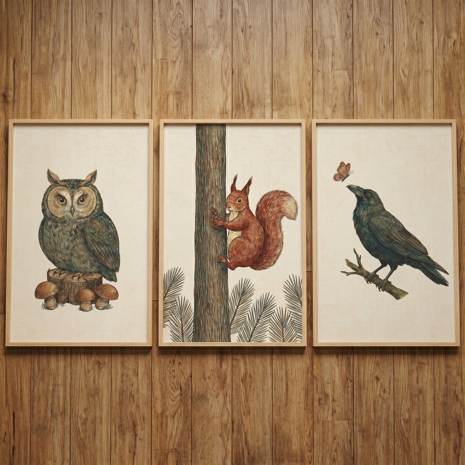 Organic tone woodland animals wall art set of 3 featuring an owl, a squirrel, and a crow on a wooden wall background.