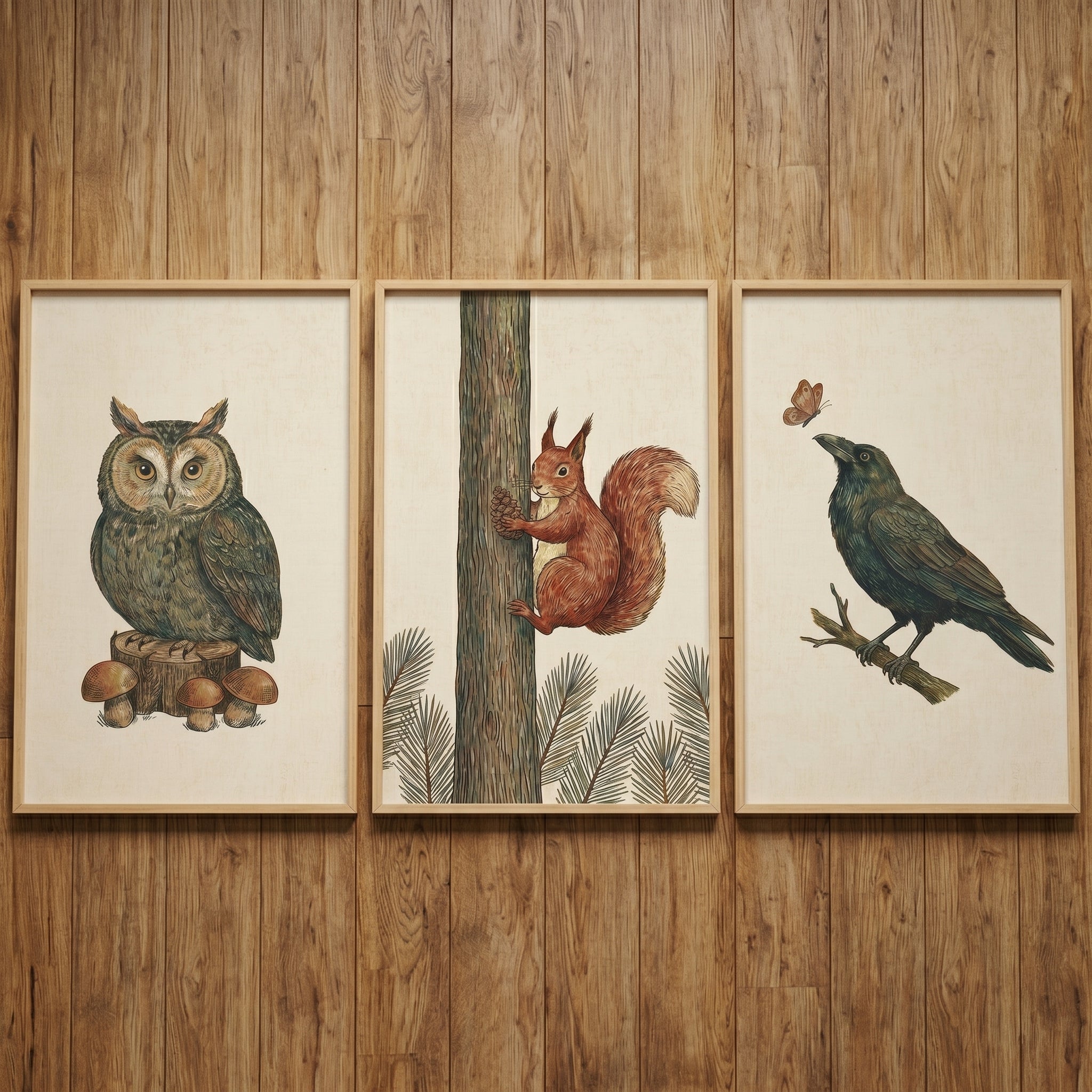 Organic Tone Woodland Animals Wall Art Set of 3 - Woodland Wildlife Set