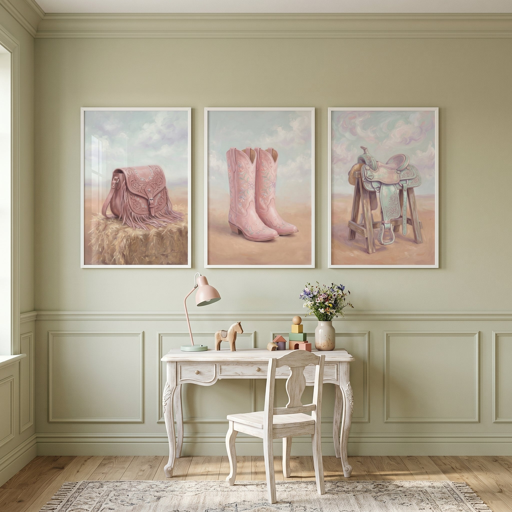 Ornate Pink Western Gear Wall Art Set of 3 - Pastel Western Trio