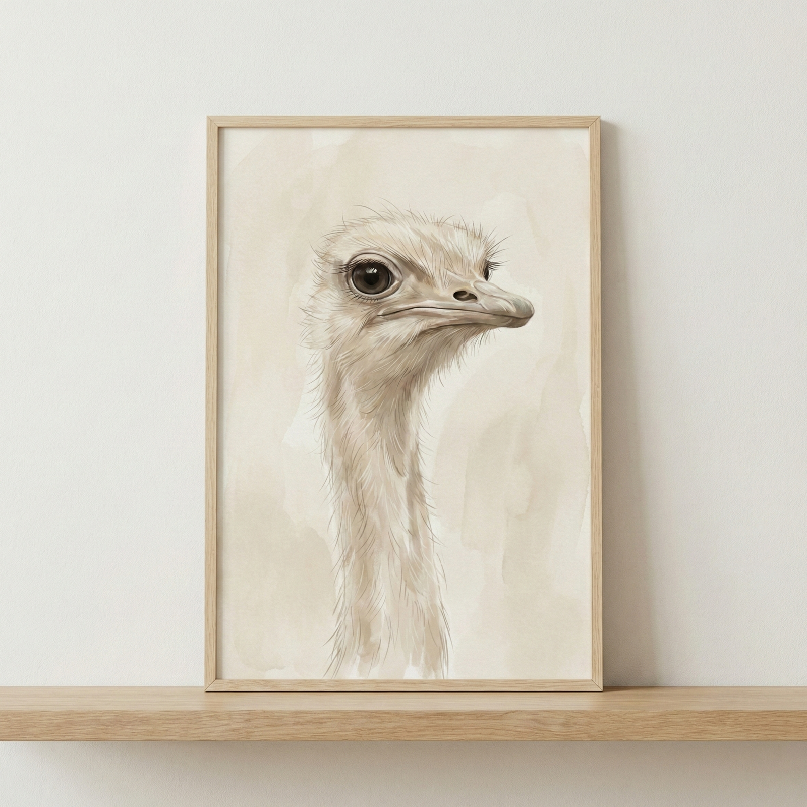 A minimalist portrait of an ostrich's head and neck, rendered in soft, neutral tones. The illustration captures the bird's large, dark eye and delicate feather textures using a subtle, monochromatic palette of beige, cream, and tan. The artwork is presented in a light-wood frame, which is displayed on a simple wooden shelf against a plain white wall. The style is clean and modern, focusing on the expressive features of the animal through gentle, flowing lines.