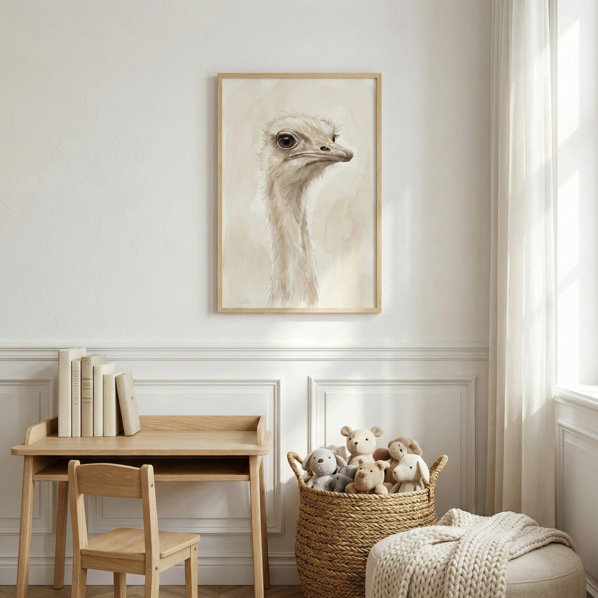 A bright and airy children's room features a minimalist aesthetic with a neutral color palette. Centered on a white paneled wall is a framed vertical illustration of an ostrich’s head and long neck, rendered in soft, light tones against a creamy background. 

