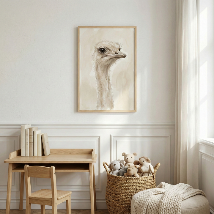 A bright and airy children's room features a minimalist aesthetic with a neutral color palette. Centered on a white paneled wall is a framed vertical illustration of an ostrich’s head and long neck, rendered in soft, light tones against a creamy background. 

