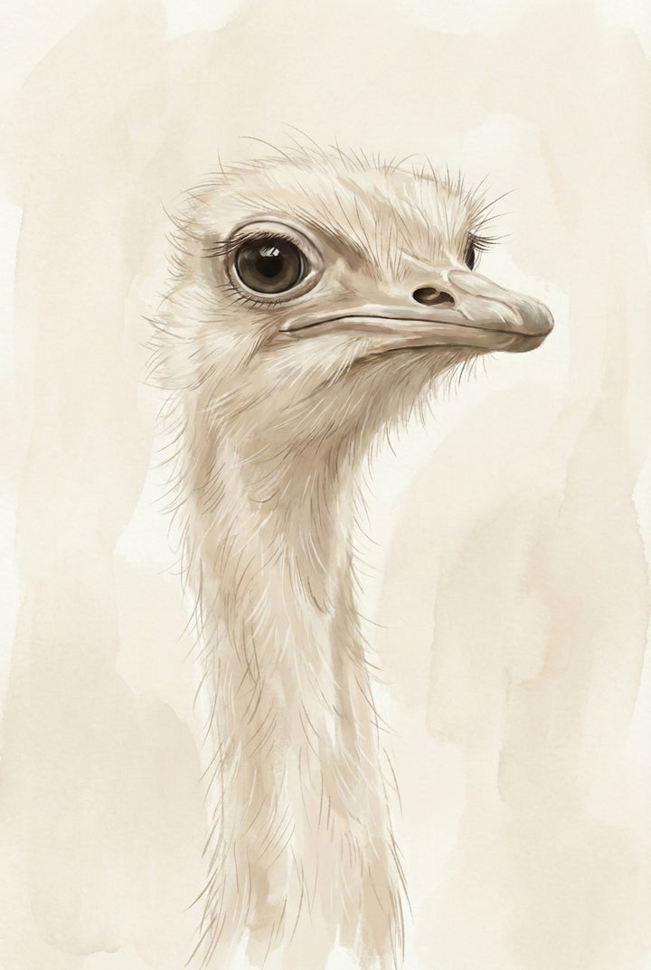 Minimal watercolor portrait of an ostrich head and long neck against a light cream background, featuring soft feather textures and gentle neutral tones.
