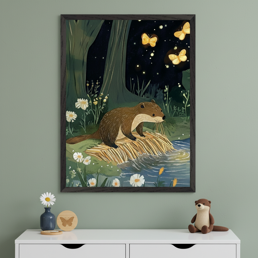 Modern kid's room with a white dresser against a sage green wall. A large framed illustration of an otter by a stream in a dark forest with glowing butterflies hangs above the dresser. On the dresser are a small vase with a daisy, wooden coasters, and an otter plush.