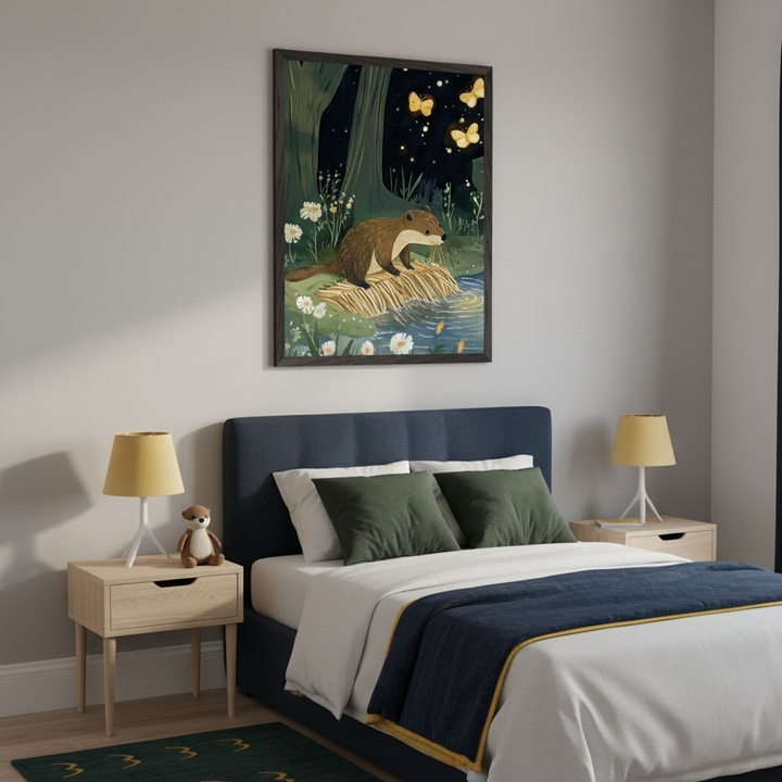 Modern bedroom with a navy blue upholstered bed, white bedding, and dark green pillows. A large framed illustration of an otter on a log by a river at night, with butterflies and fireflies, hangs above the bed. Two light wood nightstands with yellow lamps are on either side.