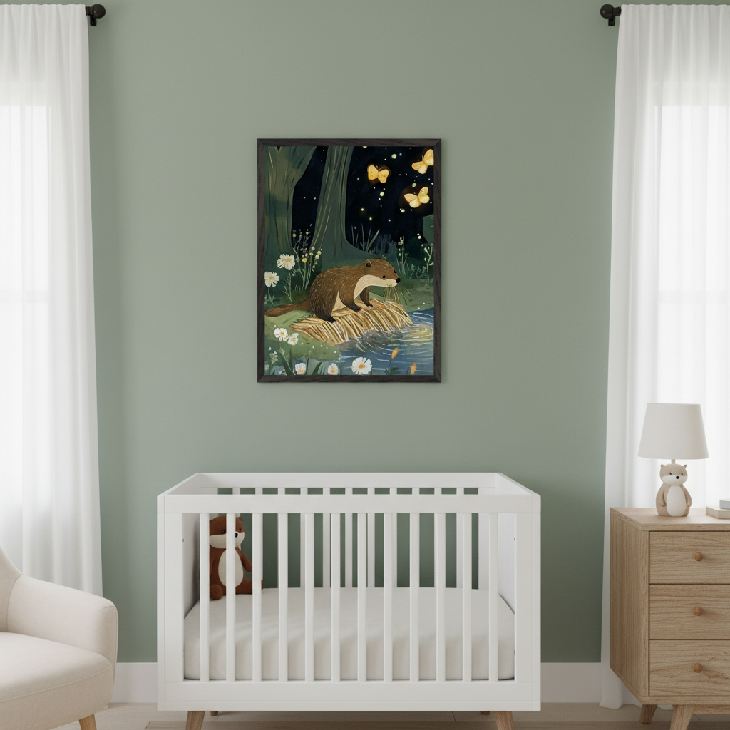 Modern nursery with a sage green wall, white crib, and wooden dresser. A framed illustrative print of an otter by a stream at night with glowing yellow butterflies hangs centered above the crib.