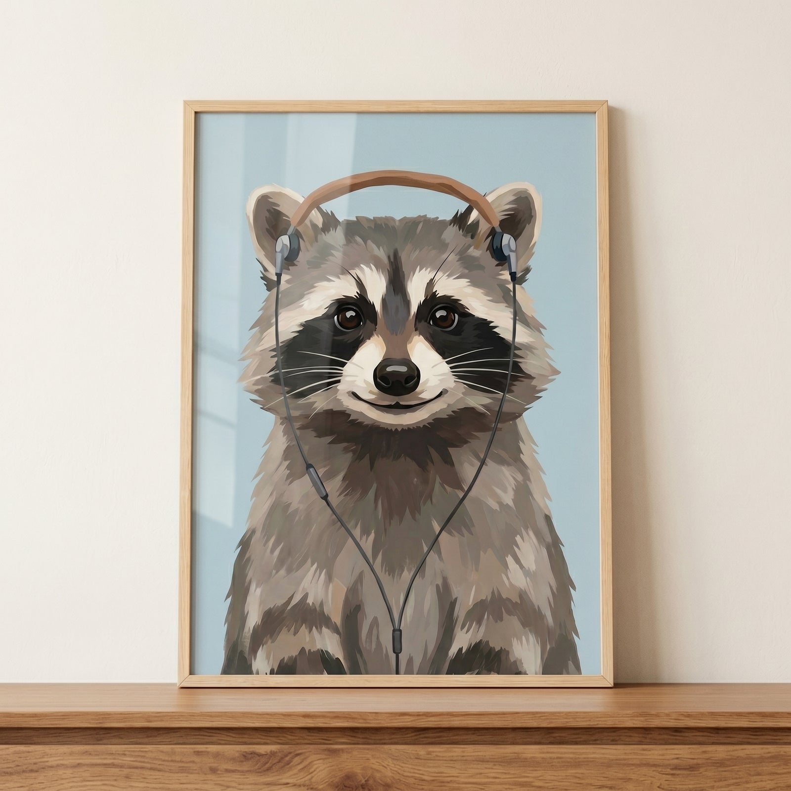 Framed over ear headphone raccoon wall art on a wooden shelf, depicting a raccoon against a light blue background.