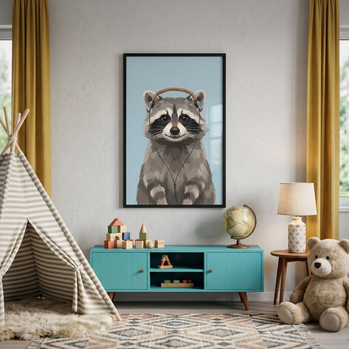 Over ear headphone raccoon wall art in a room with a striped teepee, blue cabinet, toy globe, and stuffed teddy bear.