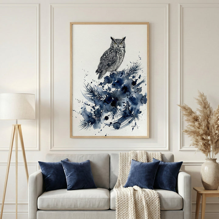 Framed watercolor giraffe art hanging above a light wood dresser with nursery decor in a bright room.