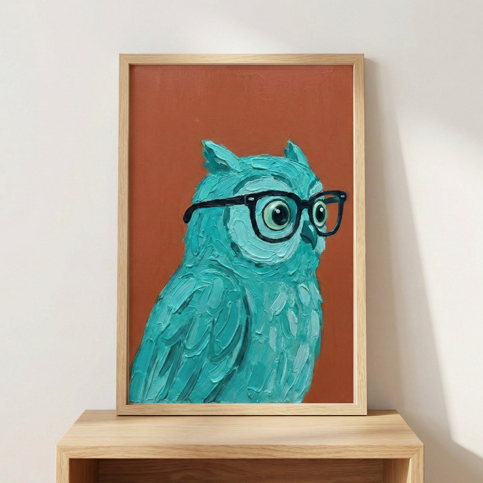 A playful painting of a teal owl with exaggerated eyes wearing oversized black glasses, set against a warm terracotta background. The thick brushstrokes give it a textured, whimsical feel.
