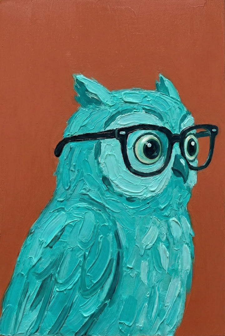 Textured oil painting of a teal owl with exaggerated round eyes, wearing black-rimmed glasses. The owl is set against a muted terracotta background, giving it a quirky and intellectual vibe.