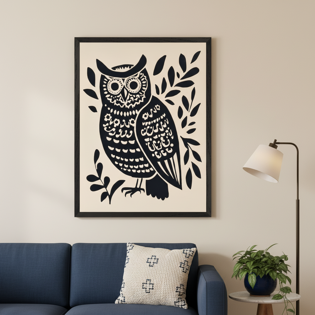 Living room with a blue sofa. A framed black and white folk art print of an owl on a branch, surrounded by leaves, hangs above the sofa. A patterned cushion is on the sofa, and a floor lamp and potted plant are to the right.