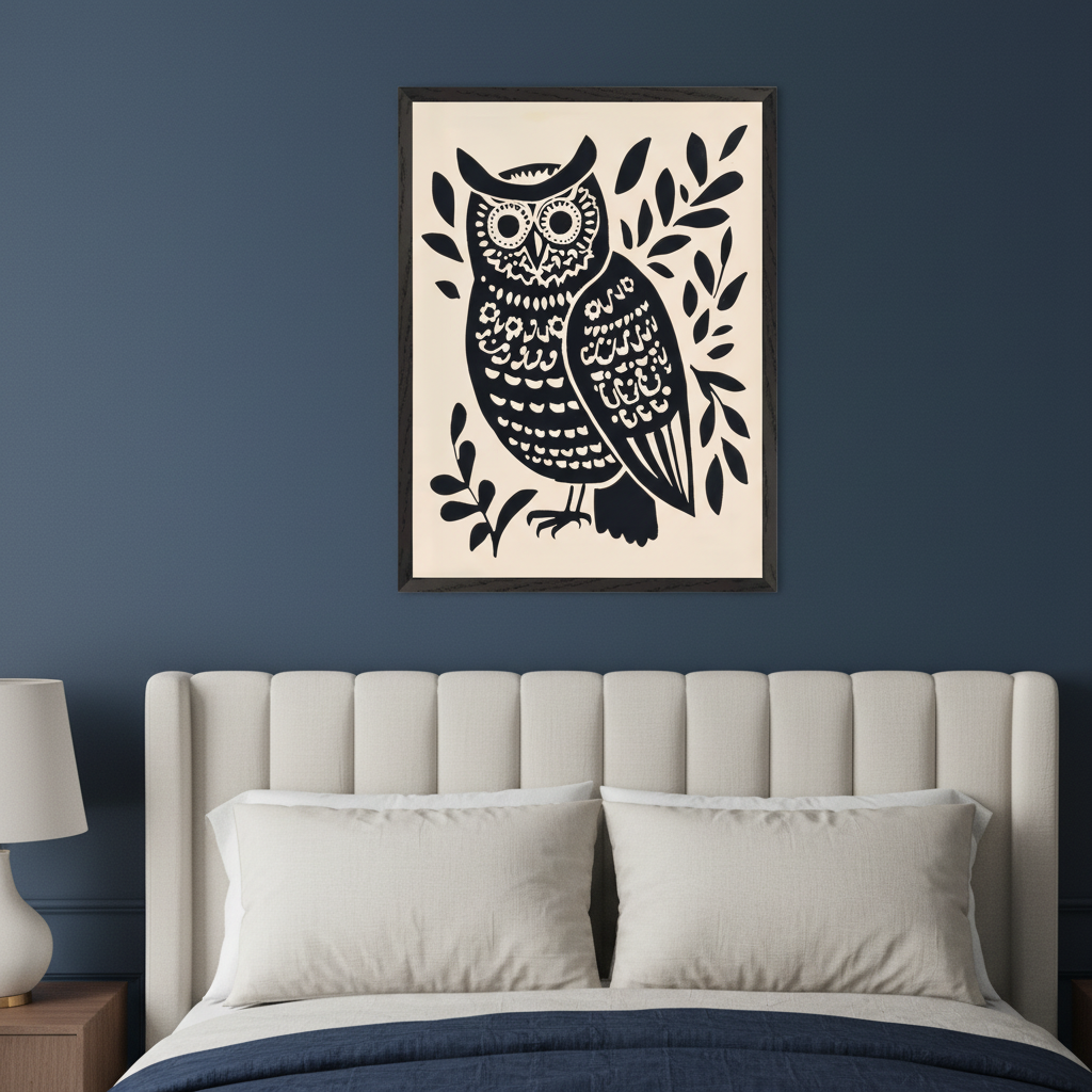 Modern bedroom with a beige upholstered bed, cream pillows, and blue duvet against a dark blue wall. A black-framed folk art print of a stylized black and white owl with leaves hangs centered above the bed.
