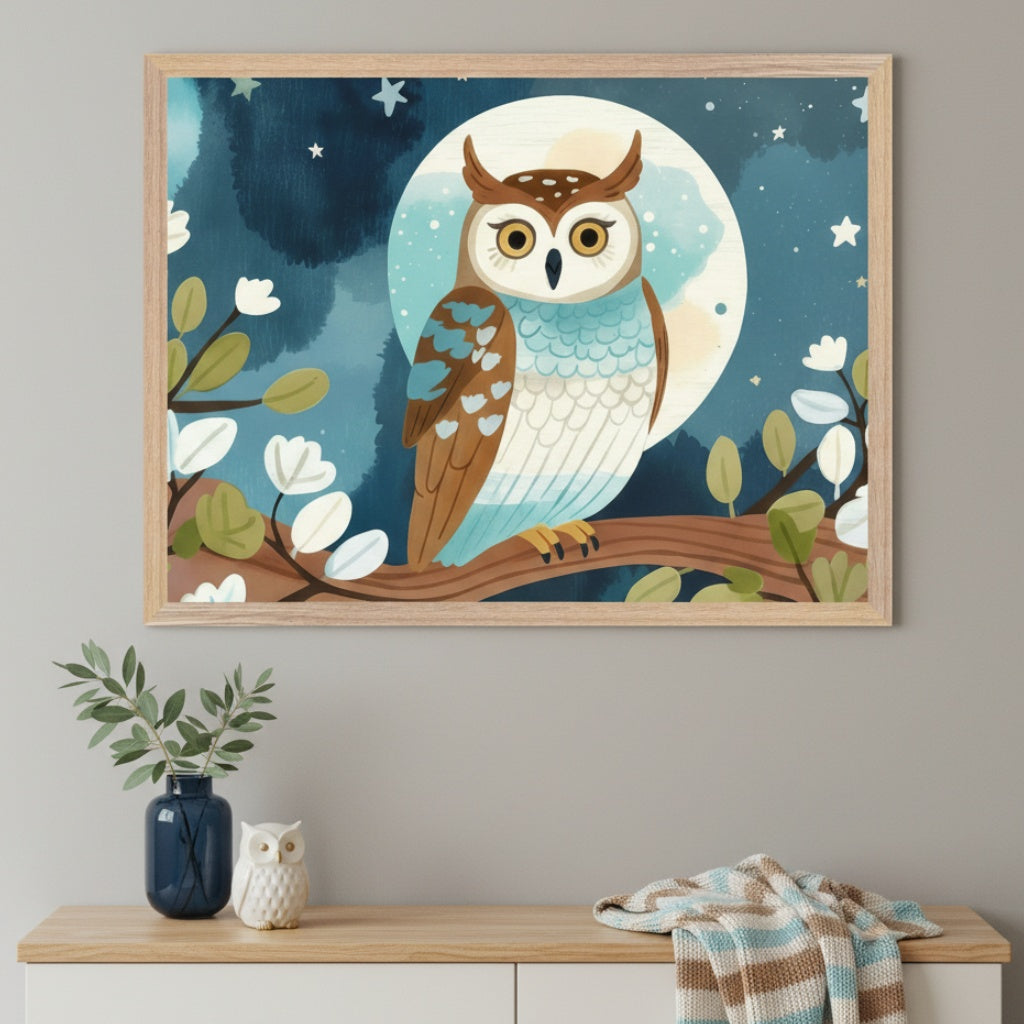 Modern room with a light wood and white dresser. A large framed whimsical illustration of a brown and blue owl on a branch, under a full moon and dark blue starry sky, hangs above the dresser. A blue vase with leaves, a white owl figurine, and a striped knit blanket are on the dresser.