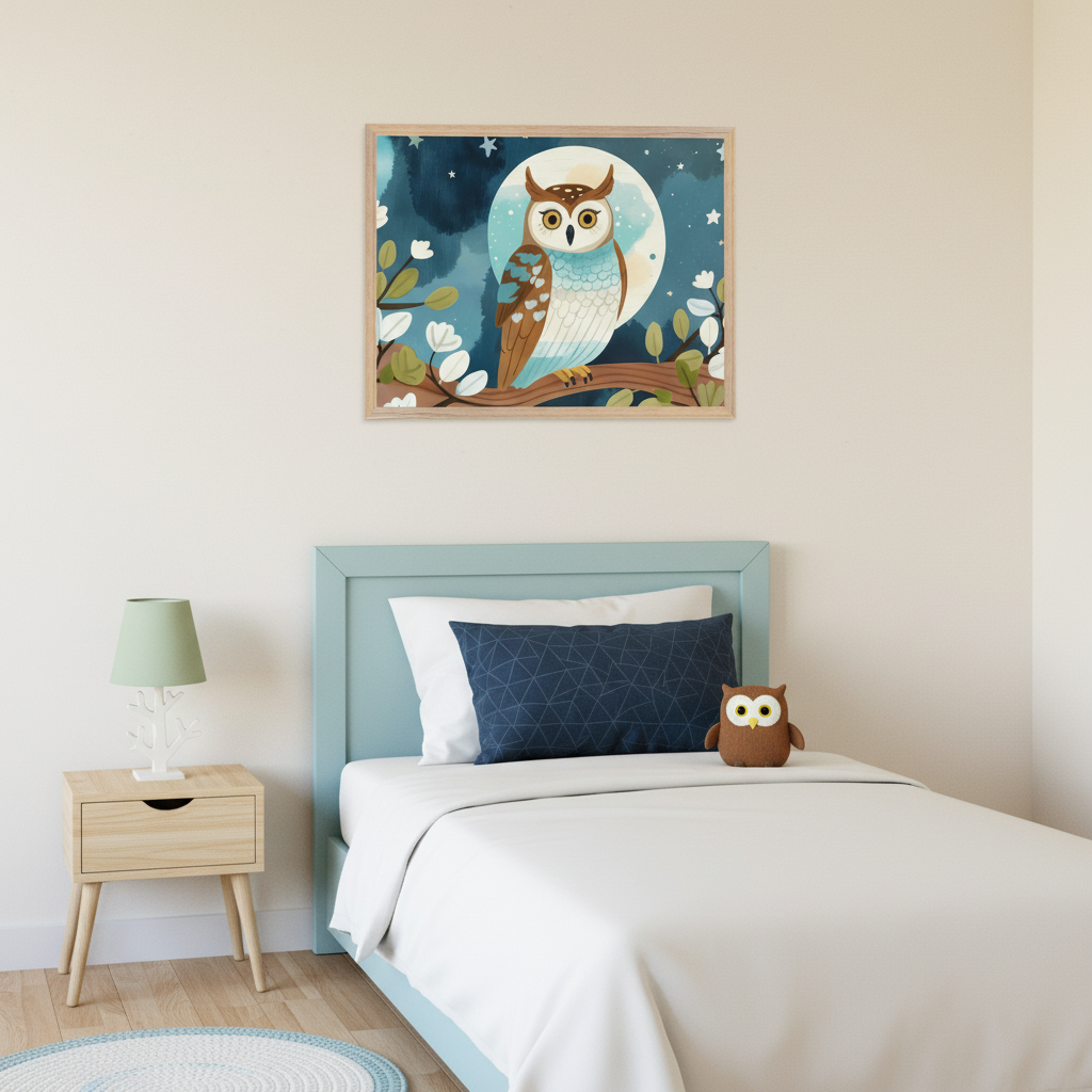Kid's bedroom with a light blue single bed, white bedding, and a wooden nightstand. Above the bed, a framed picture shows a stylized brown and white owl on a branch, against a dark blue sky with a full moon and stars.