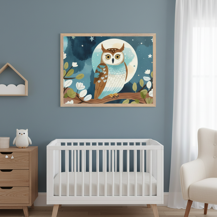 Modern nursery with blue-gray walls. A framed print of a cartoonish owl on a branch under a full moon and stars hangs above a white crib. To the left is a wooden dresser with an owl toy; to the right, a cream armchair.
