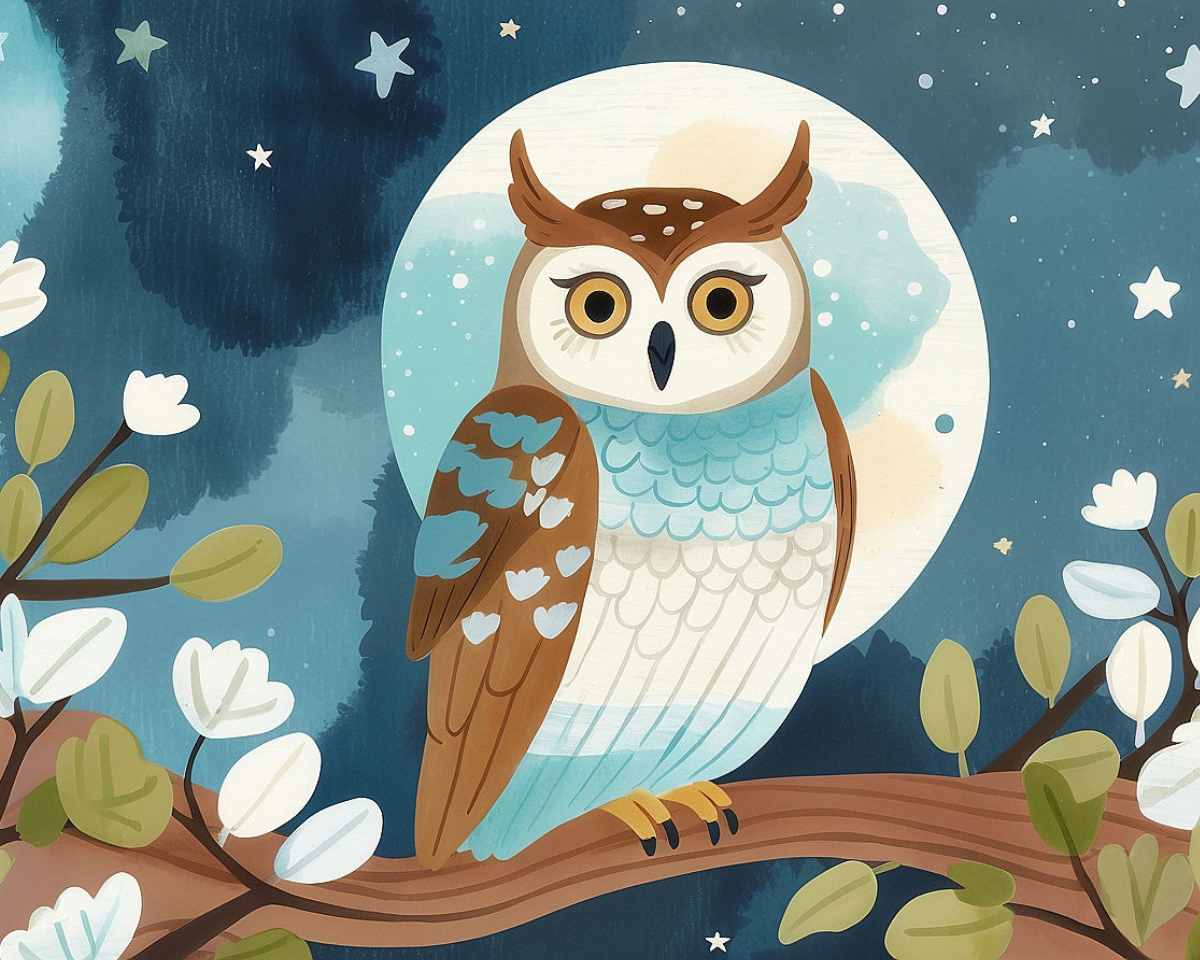 A whimsical illustration of an owl perched on a tree branch under a starry night sky. The owl features brown and blue feathers, with wide, expressive eyes. Surrounding the owl are branches with green leaves and white flowers, set against a backdrop of a glowing full moon and twinkling stars.