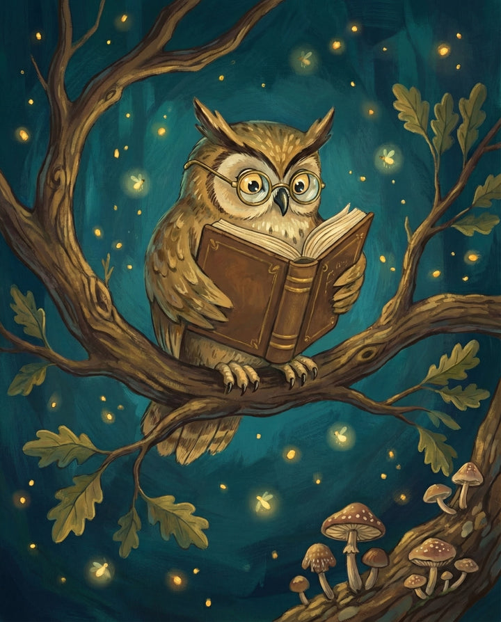 Whimsical illustration of an owl wearing glasses and reading a book while perched on a tree branch surrounded by glowing fireflies and mushrooms, perfect for cozy kids' room wall art.
