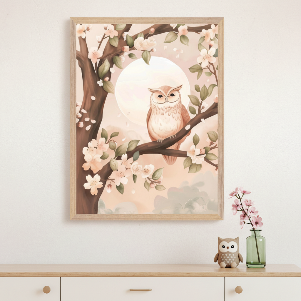 Neutral room with a light wood dresser. Above it hangs a framed illustration of an owl on a cherry blossom branch under a full moon, in a soft, cartoon style. A small owl plush and pink flowers in a vase are on the dresser.