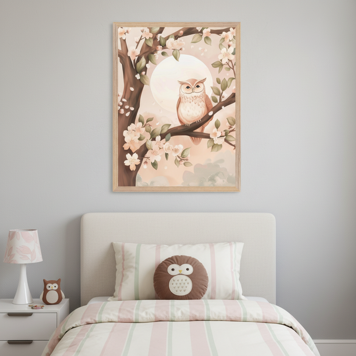 Kid's bedroom with a bed, striped pink and green bedding, an owl pillow, and a white nightstand with a lamp and owl figurine. A framed illustration of an owl on a cherry blossom branch with a full moon hangs centered above the bed.