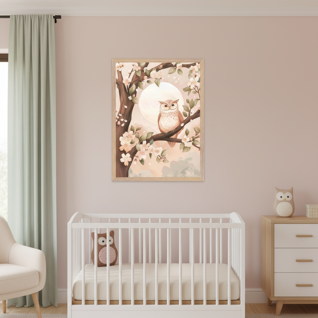 Modern nursery with light pink walls. A framed illustration of an owl on a flowering tree with a full moon hangs above a white crib. A light wooden dresser with white drawers is on the right.