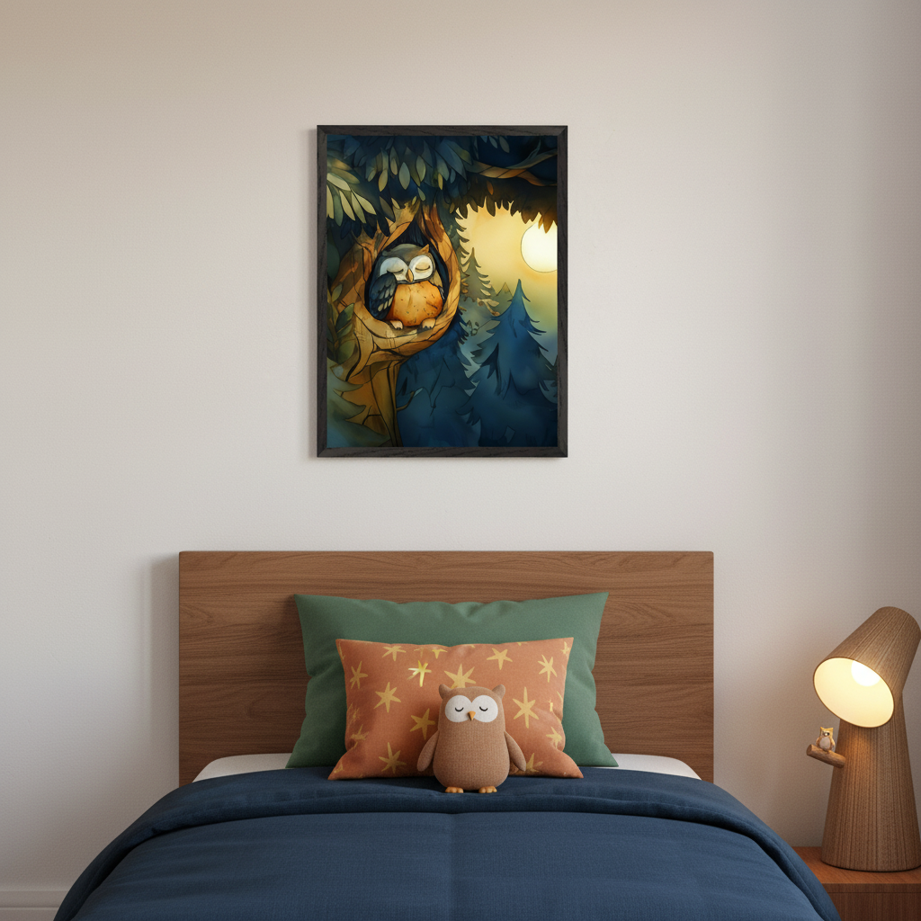 Modern kid's bedroom with a wooden bed. A framed watercolor illustration of two sleeping owls in a tree nest under a full moon, with pine trees, hangs centered above the bed. An owl plush toy rests on the bed, and a small owl figure is on the bedside lamp.