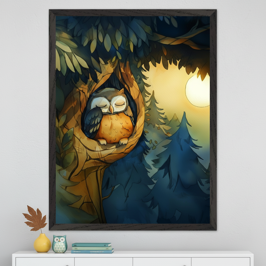 Framed illustration of a sleepy owl nestled inside a hollow tree trunk, surrounded by dark forest foliage and lit by a glowing full moon in the background. Positioned above a white dresser with a small ceramic owl, books, and a yellow vase with autumn leaves, the artwork creates a cozy and magical nighttime atmosphere.