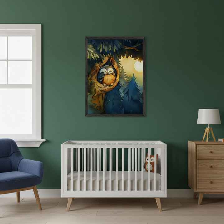 Modern nursery with a white crib and blue armchair. A framed illustrative print of two sleeping owls in a nest at night hangs on a green wall above the crib. A wooden dresser with a lamp is on the right.