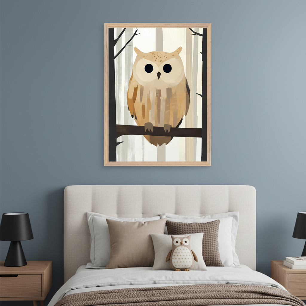 Modern bedroom with a beige upholstered bed and wooden nightstands. A framed art print of a minimalist brown owl perched on a branch in a forest hangs centered above the bed.