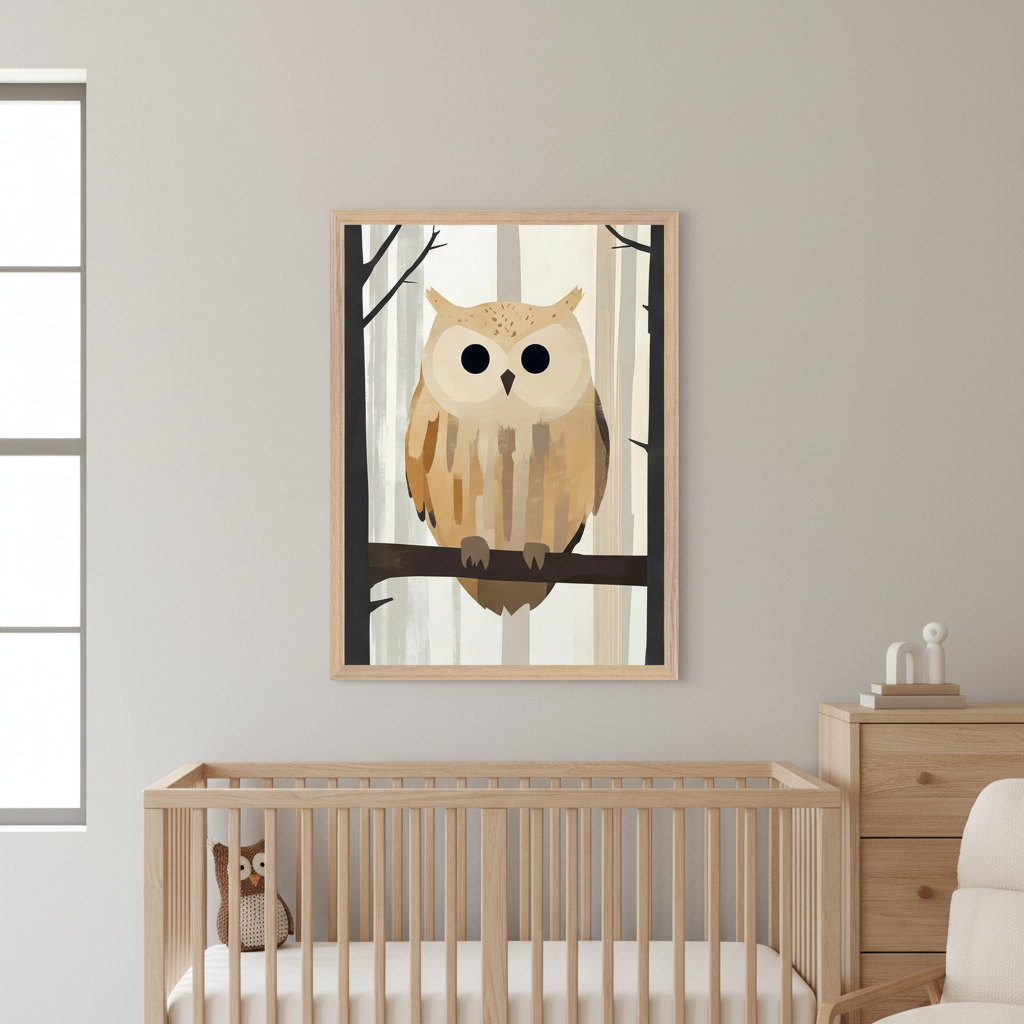 Modern nursery with a light wood crib, dresser, and armchair. A framed illustration of a stylized brown owl on a branch in a muted forest hangs above the crib. A stuffed owl is in the crib.