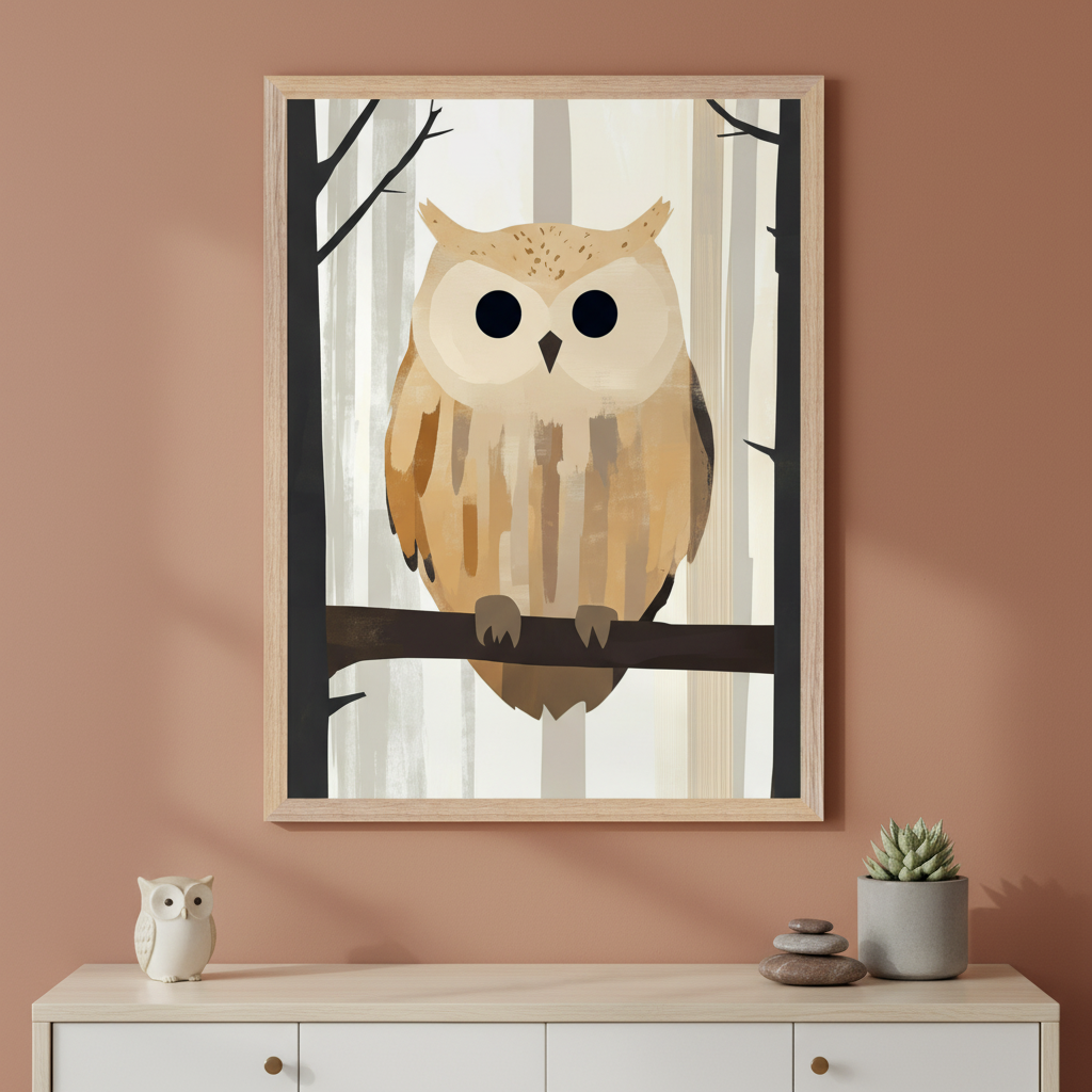 Framed illustration of a wide-eyed owl perched on a branch, set against a stylized forest background with soft neutral tones. Displayed on a terracotta-colored wall, the artwork is paired with a ceramic owl, stacked stones, and a small succulent on a light wood cabinet, creating a cozy, nature-themed vignette.