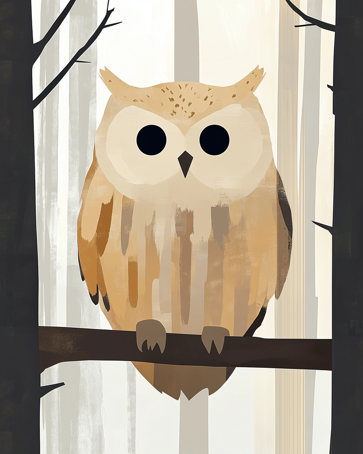 A stylized illustration of a wide-eyed owl perched on a branch in a minimalist forest setting, featuring soft, earthy tones of brown and beige with simple, bold shapes.