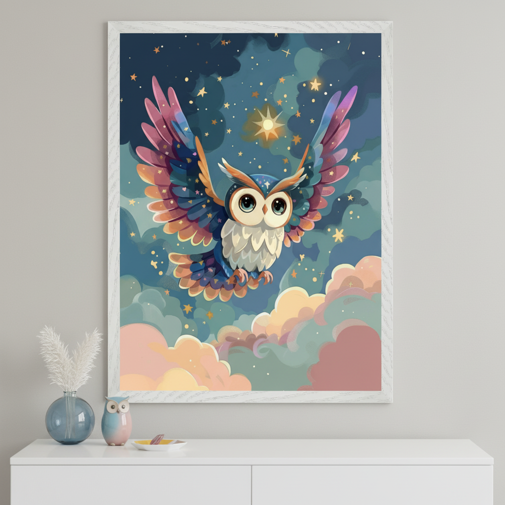 Whimsical wall art of a wide-eyed owl with colorful, outstretched wings soaring through a dreamy night sky filled with stars and soft clouds in pastel tones. The framed artwork hangs above a modern white cabinet decorated with a vase of pampas grass and a small ceramic owl.
