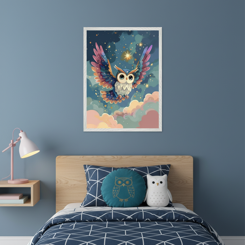 Kid's bedroom with a wooden headboard bed and blue patterned bedding. A floating nightstand with a pink lamp is to the left. A framed cartoon print of a colorful owl flying in a starry night sky with clouds hangs centered above the bed.