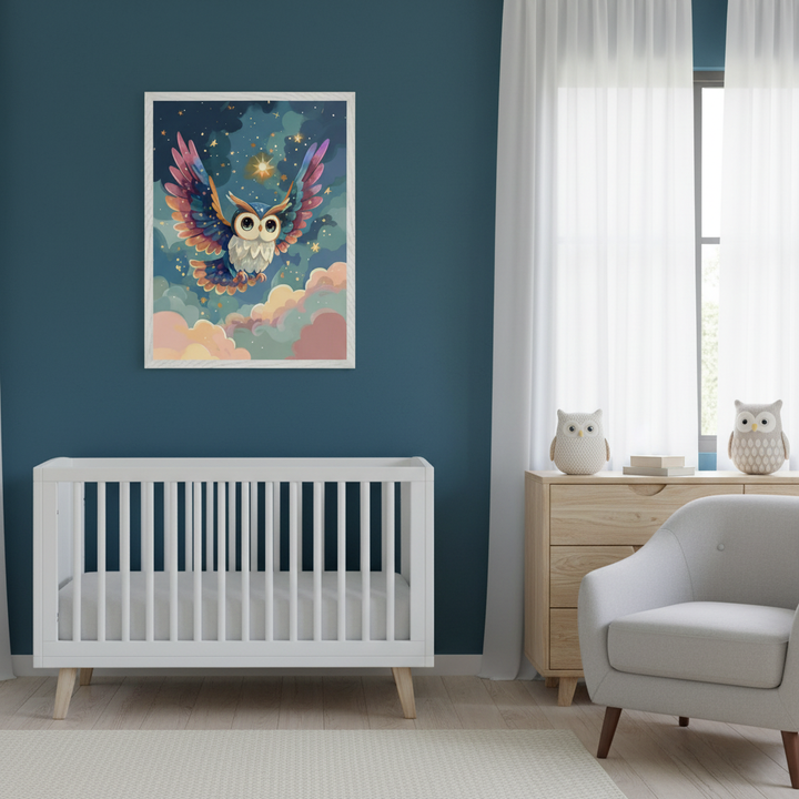 Modern nursery with a white crib, wooden dresser, and gray armchair. A framed print of a cartoon owl flying through a starry, cloudy sky hangs above the crib.