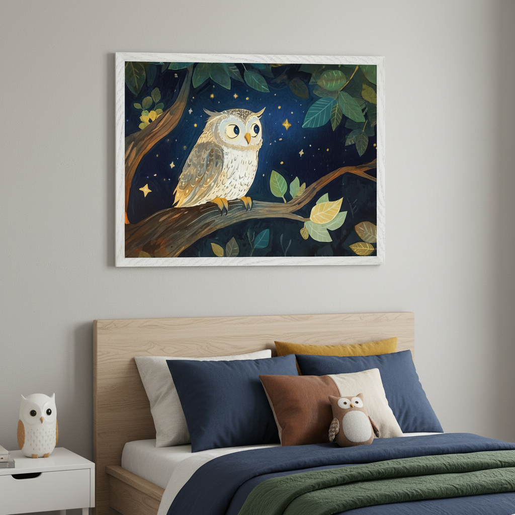 Modern kid's bedroom with a wooden bed. A white-framed illustration of a cartoon owl perched on a tree branch under a starry night sky hangs above the bed. A white nightstand with an owl figurine is to the left.
