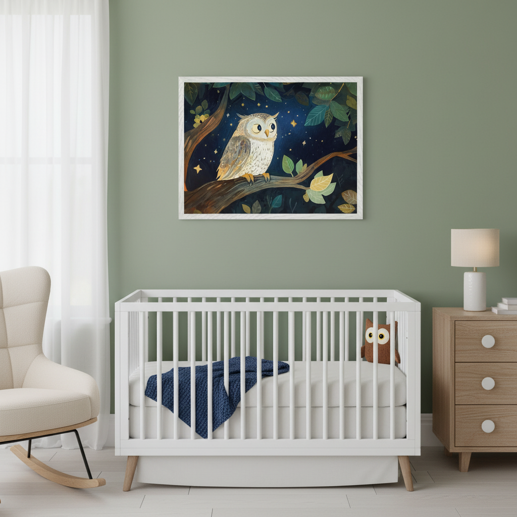 Modern nursery with a white crib. A framed illustration of an owl in a starry forest scene hangs above the crib. A cream rocking chair is to the left, and a light wood dresser with a lamp is to the right.