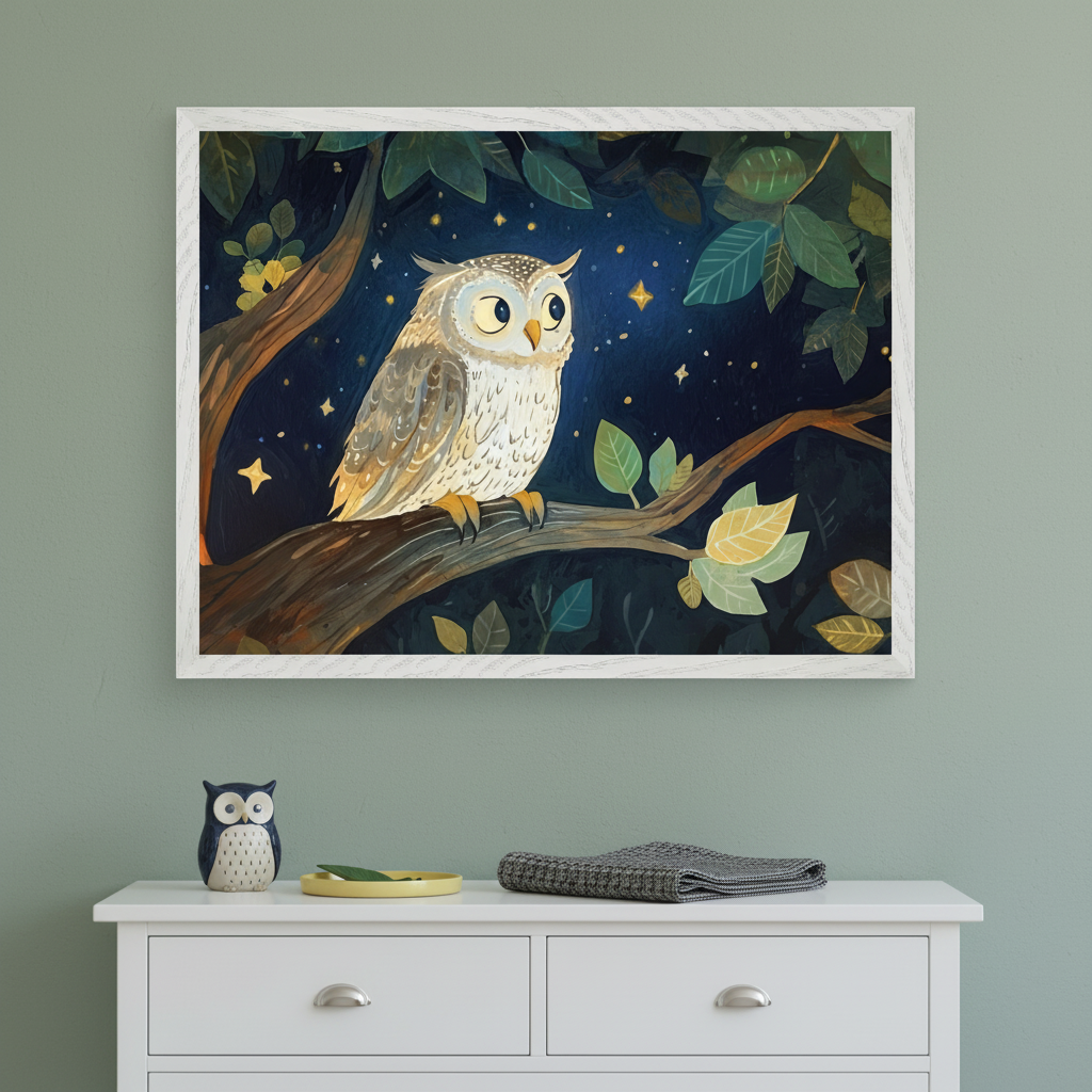 A framed illustration of an owl perched on a tree branch at night, surrounded by leaves and stars. The owl has large, expressive eyes and soft feathers in shades of gray and white. The dark blue and green background creates a serene, magical atmosphere. Below the artwork is a white dresser with a small owl figurine and a yellow dish. A folded gray blanket sits on top, adding to the cozy and tranquil vibe of the scene.