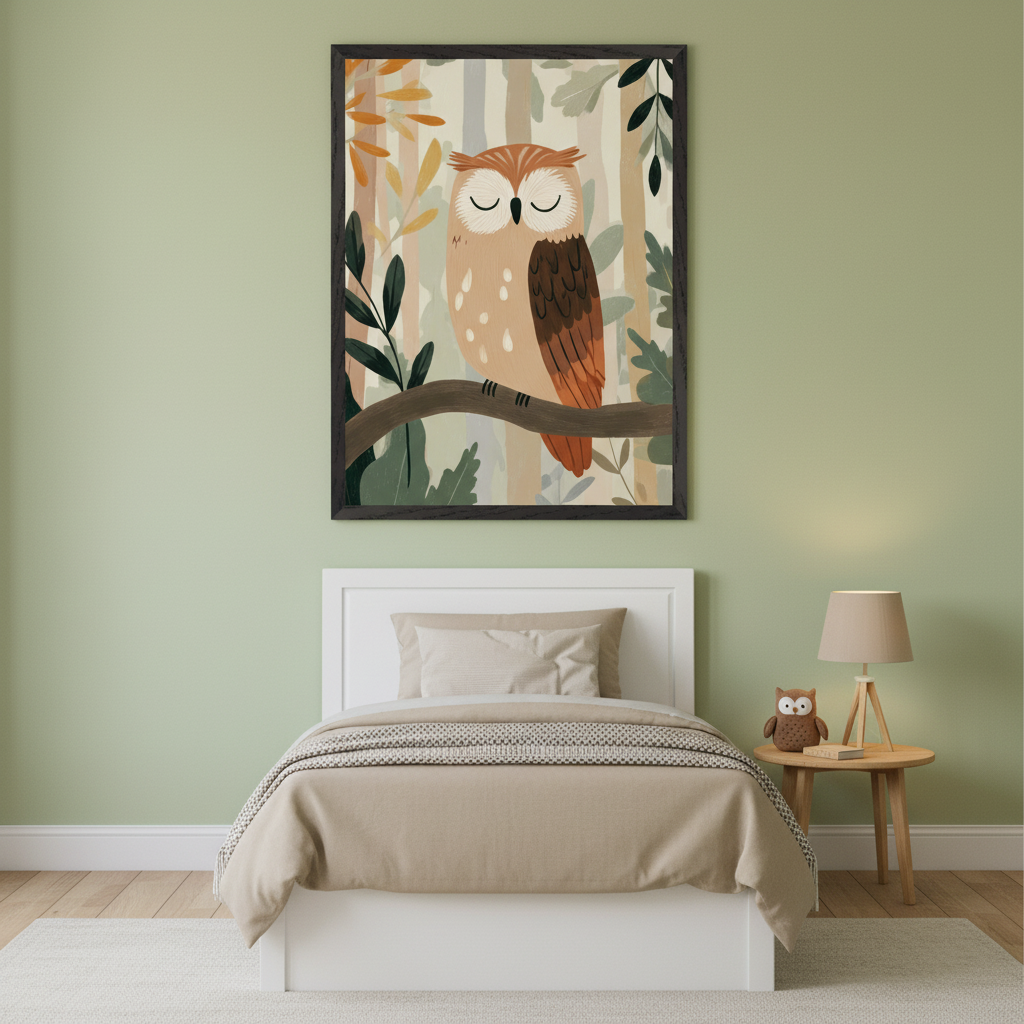 Kid's bedroom with a white single bed and a small wooden nightstand. Above the bed hangs a framed illustration of a sleeping owl on a branch in a muted forest setting.