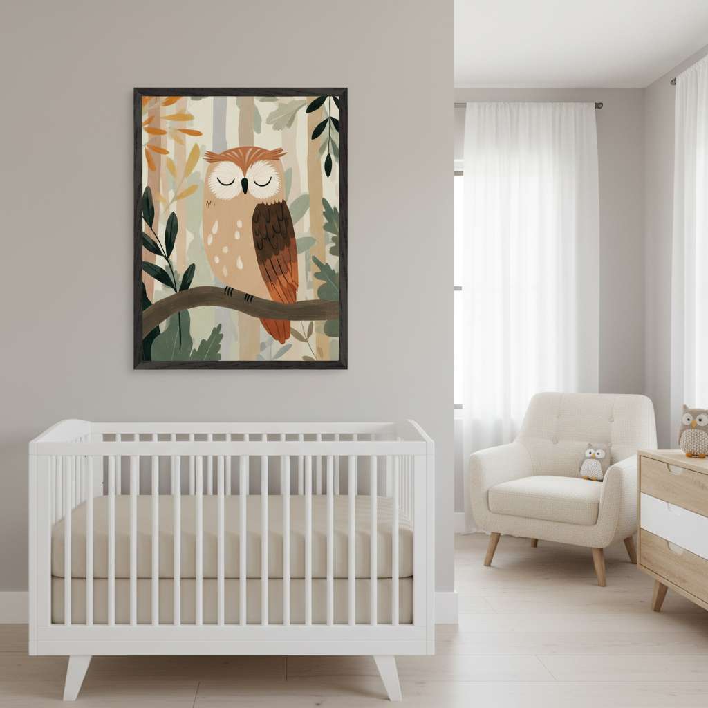 Modern nursery with a white crib, beige armchair, and wood dresser. A large framed illustration of a sleeping brown owl on a branch in a stylized forest hangs above the crib.