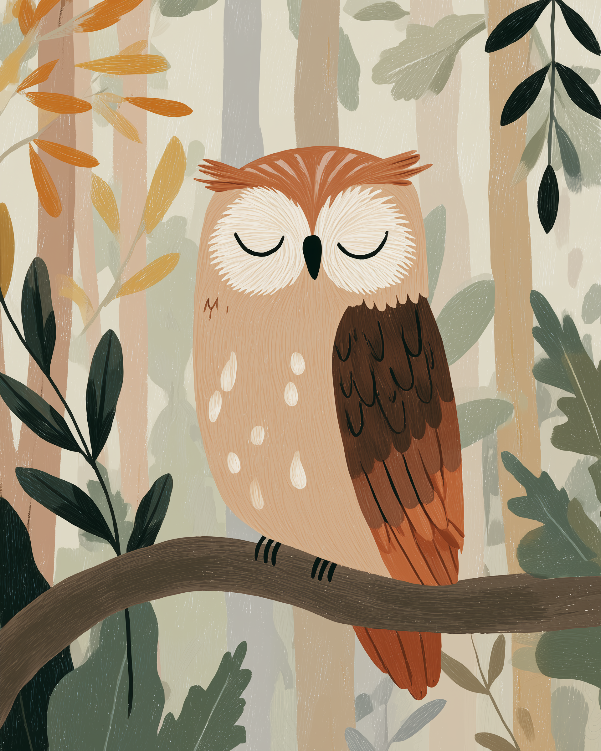 Woodland Owl Wall Art for Nursery, Playroom or Kids Bedrooms - Forest Animal Decor in Warm Earth Tones - Sleepyhoot