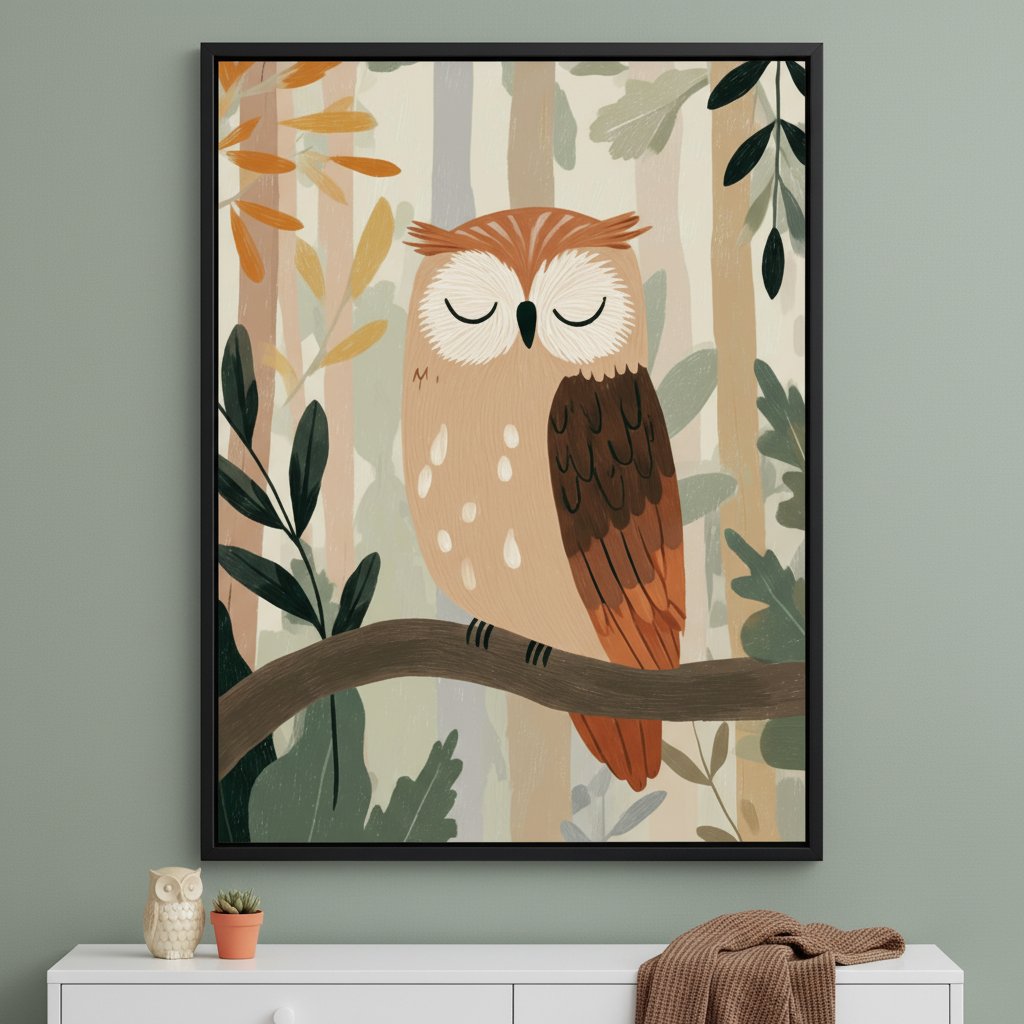 Framed illustration of a sleepy owl perched on a tree branch, set against a softly colored forest background with abstract leaves in earthy tones. Below the artwork, a white console holds a small ceramic owl, a potted plant, and a folded brown blanket.